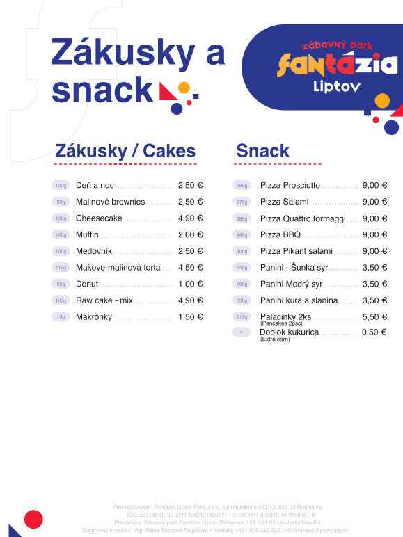 Zákusky a snack 2025 Fantázia Liptov Park